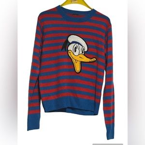 Disney Forever 21 Large Knit crew neck Sweater Donald Duck blue red striped M.